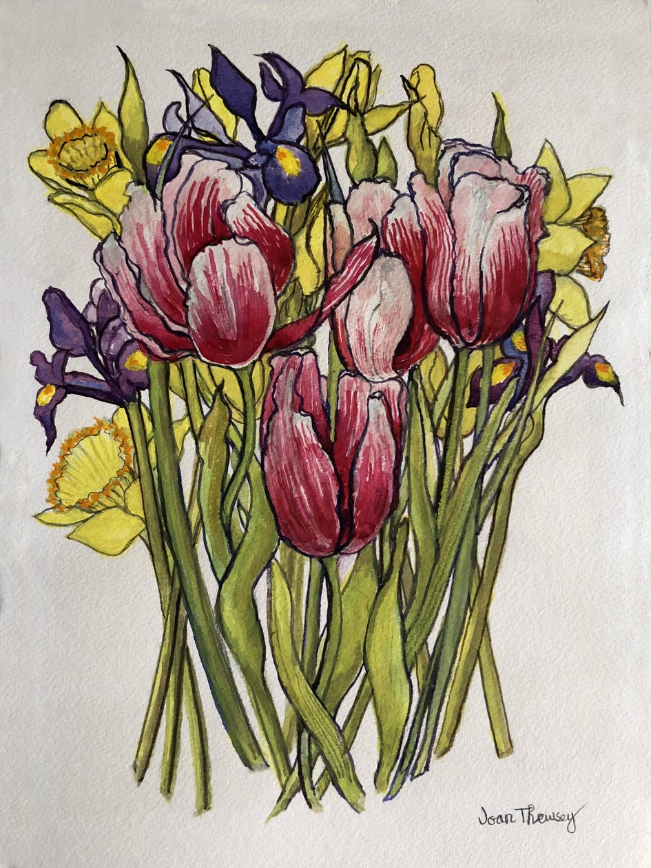 Tulpaner, påskliljor och Iris av Joan Thewsey