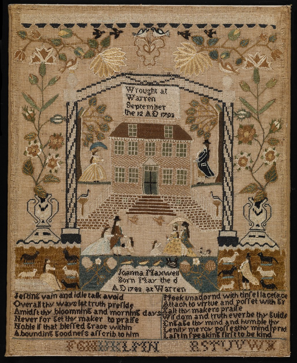 Sampler, 1793 (siden på linne) av Joanna Maxwell