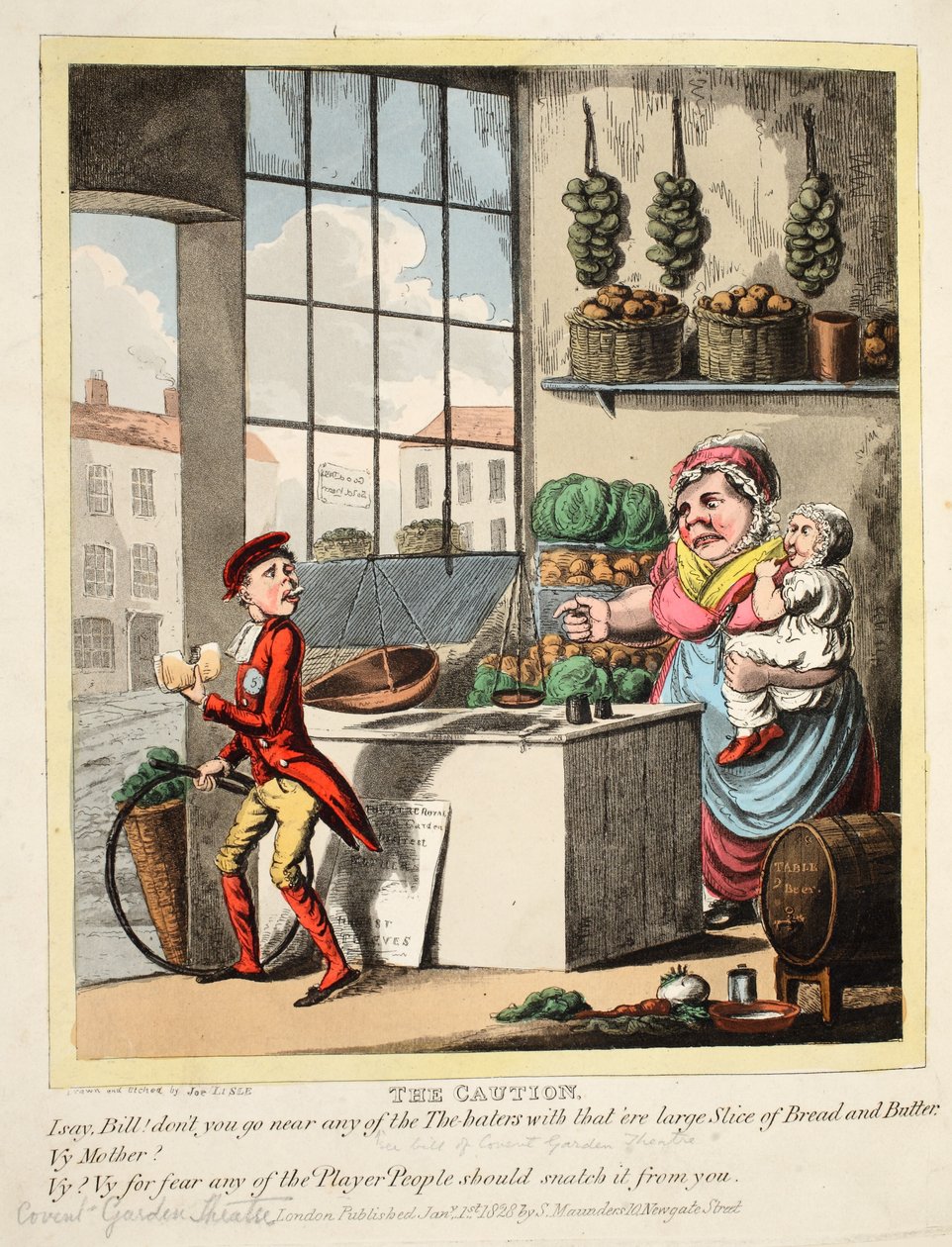 The Caution, pub. 1828 (handfärgad gravyr) av Joe Lisle