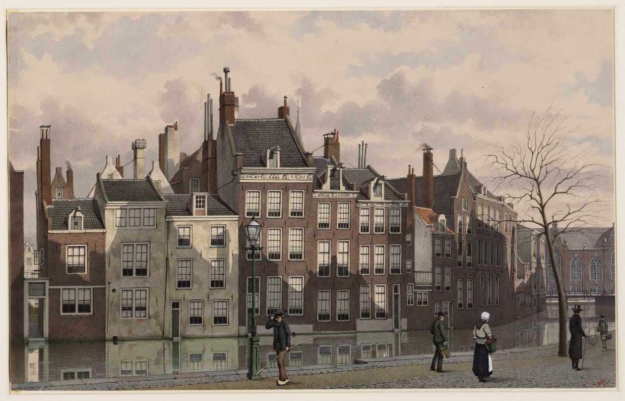 Nieuwezijdsvoorburgwal. Teckning. Amsterdam, Amsterdams stadsarkiv av Johan Rieke