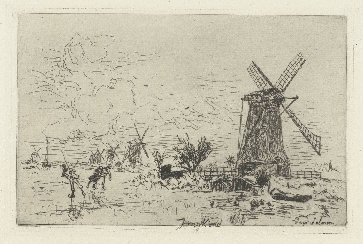 Landskap med väderkvarnar och skridskoåkare Batavia av Johan Barthold Jongkind