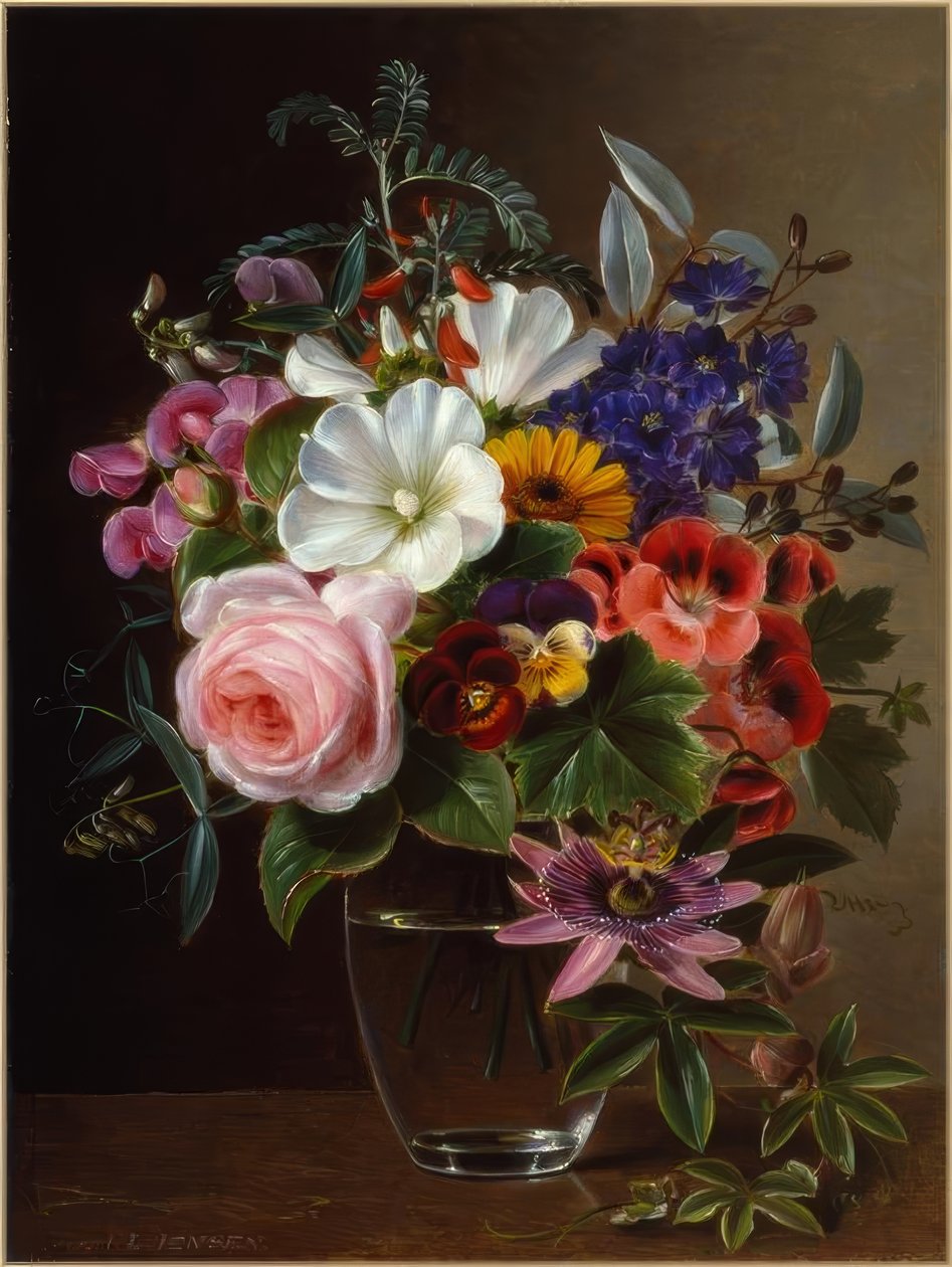 J.L. Jensen, bukett blommor i vas av Johan Laurentz Jensen
