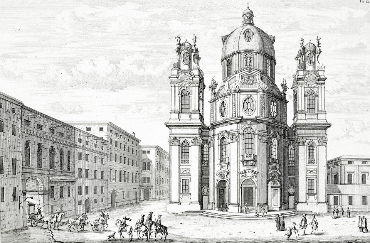 Kyrkan Notre Dame, Salzburg, Österrike, från "Blueprint of a historisk arkitektur", graverad av Johann Adam Delsenbach (1687-1765) 1721 av Johann Bernhard Fischer von Erlach
