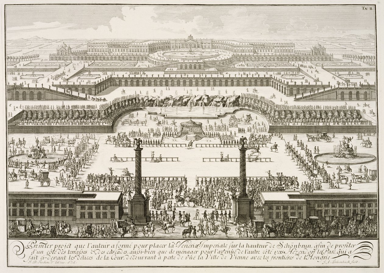 Första förslaget för slottet Schönbrunn, Wien, från "Design av en historisk arkitektur", graverad av Johann Adam Delsenbach (1687-1765) 1721 av Johann Bernhard Fischer von Erlach