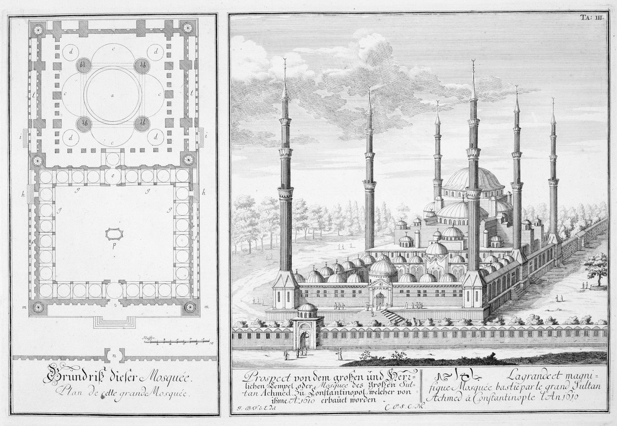 Plan och vy av Blå moskén (1609-16), byggd av sultan Ahmed I (1603-17), Istanbul, från "Entwurf einer historischen Architektur", 1721 av Johann Bernhard Fischer von Erlach