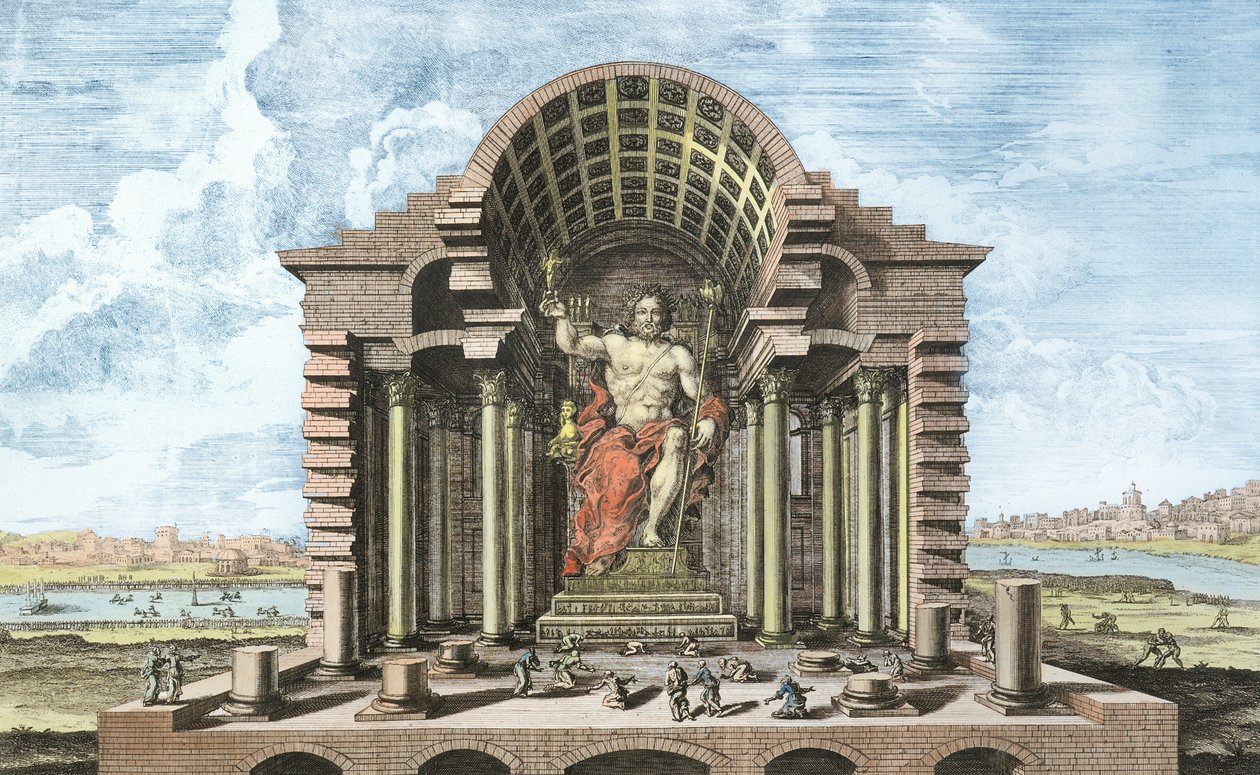 Den olympiska Zeusstatyn av Phidias, tavla 5 från "Entwurf einer historischen Architektur", graverad av Johann Adam Delsenbach (1687-1765) 1721 (senare färgsättning) av Johann Bernhard Fischer von Erlach