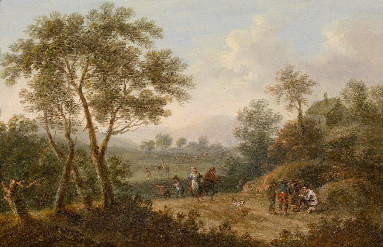 Trädklädd landskap med resenärer av Johann Christian Brand