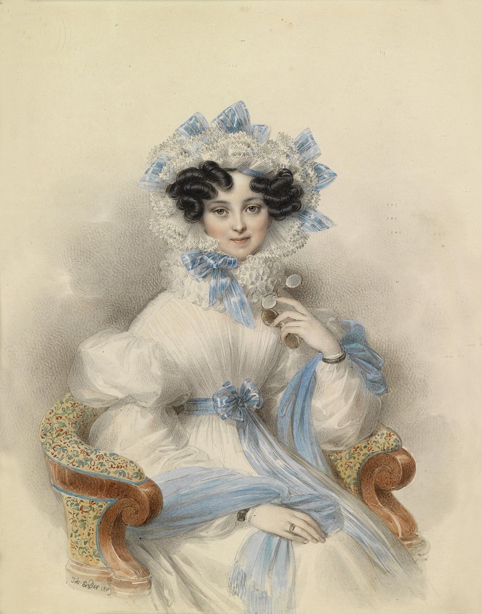 Bildnis der Erzherzogin Henriette von Österreich in weißem Kleid mit blauen Schleifen, in einem Lehnstuhl sitzend av Johann Ender