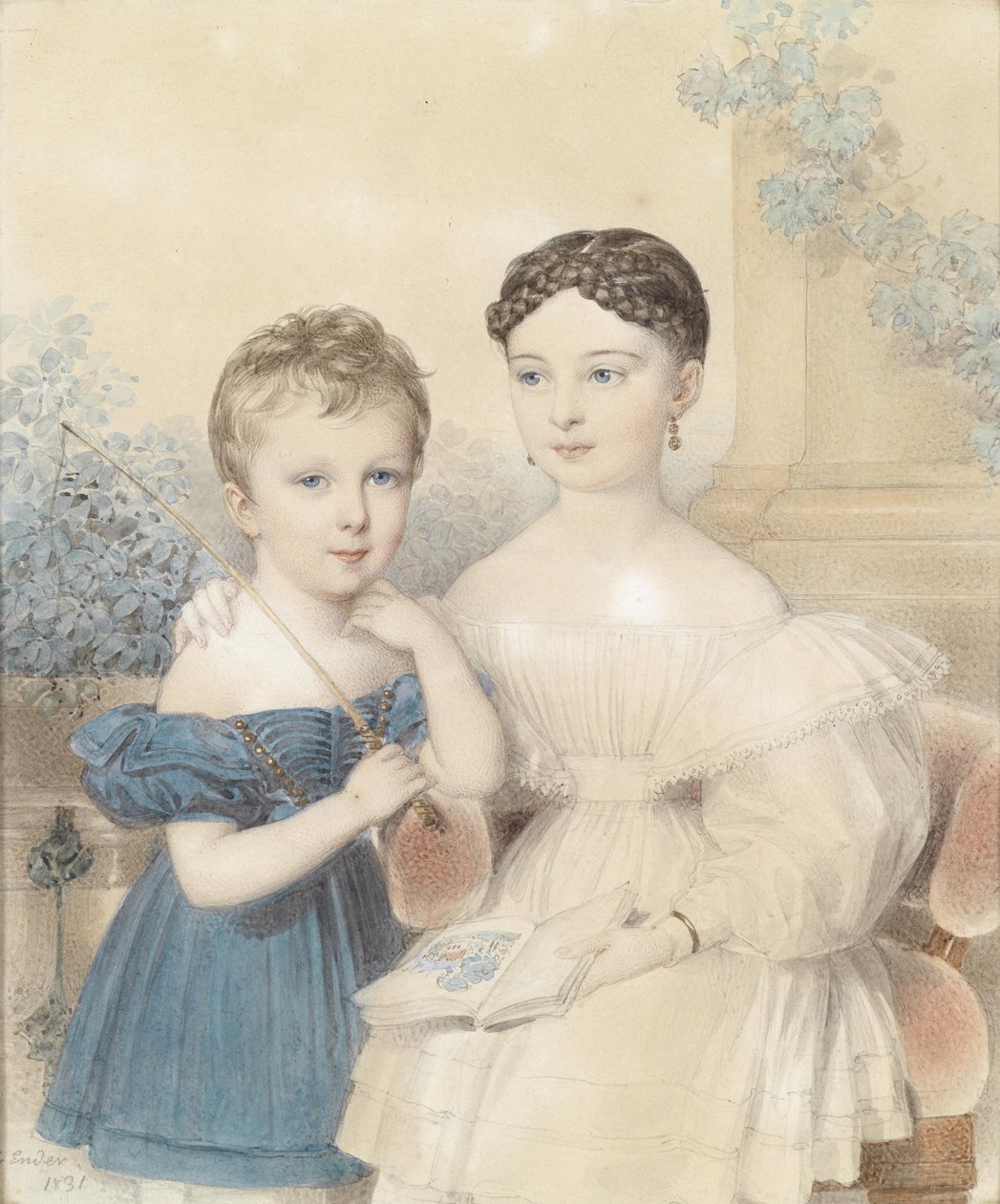 Bildnis eines Knaben in blauem Kleid und eines Mädchens, ein Bilderbuch haltend av Johann Ender