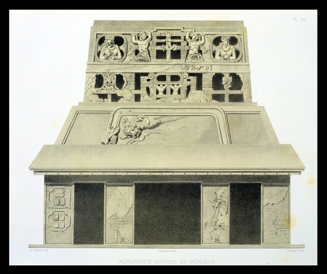 Fasaden till soltemplet i Palenque, platta 26 från "Ancient Monuments of Mexico", graverad av Eugene Ciceri (1813-90) 1866. av Johann Friedrich Maximilian von Waldeck