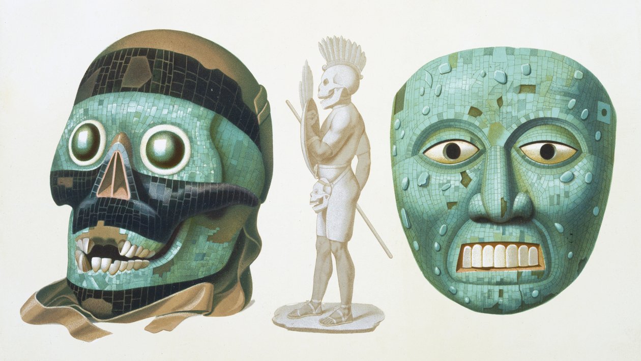 Till vänster: dödskallemask av guden Tezcatlipoca och höger: mask som representerar guden Quetzalcoatl eller Tonatiuh, c.1500, plåt 43 från 