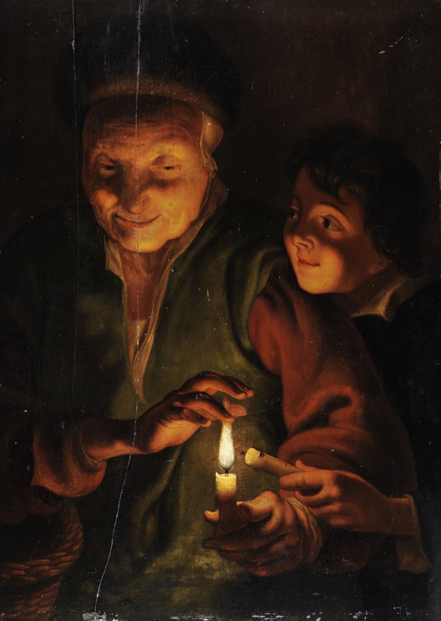 Gammal kvinna med pojkar vid levande ljus av Johann Georg Trautmann
