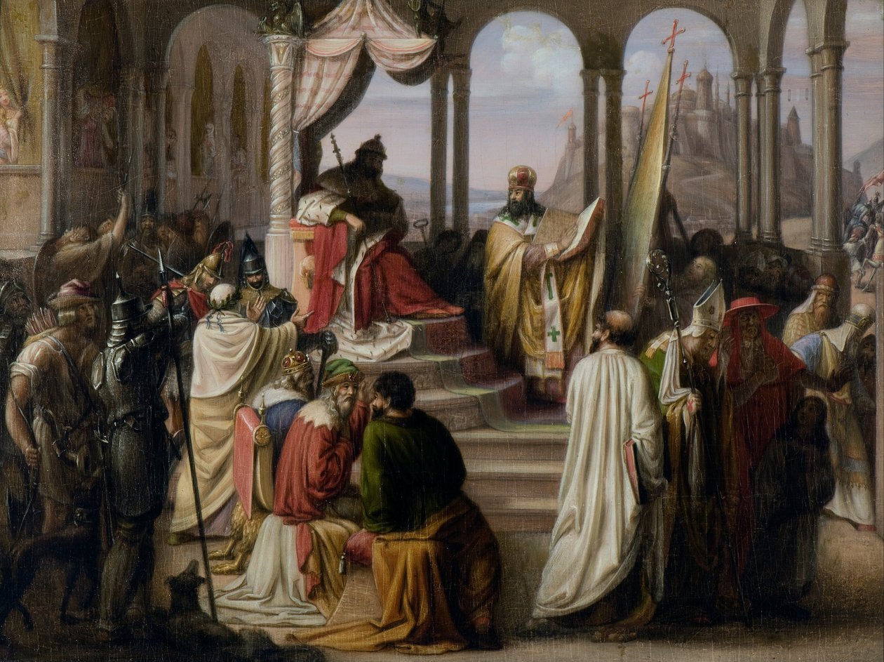 Prins Vladimir väljer en religion år 988. (En religiös tvist i den ryska domstolen) av Johann Leberecht Eggink