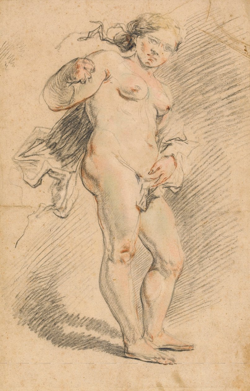 Naken kvinna står (färgade kritor på papper) av Johann Liss