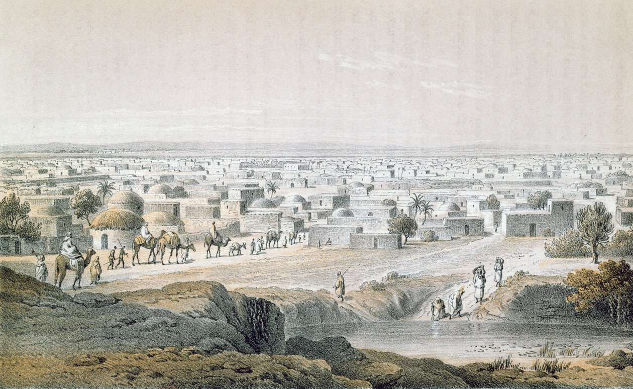 Kano, Nigeria, 1851, från "Resor och upptäckter i Nord- och Centralafrika" av Heinrich Barth (1821-65) publicerad 1857 (färgstick) av Johann Martin Bernatz
