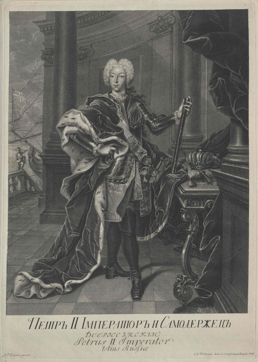 Porträtt av Peter II, graverat av Christian Albrecht Wortmann, 1729 av Johann Paul Luedden