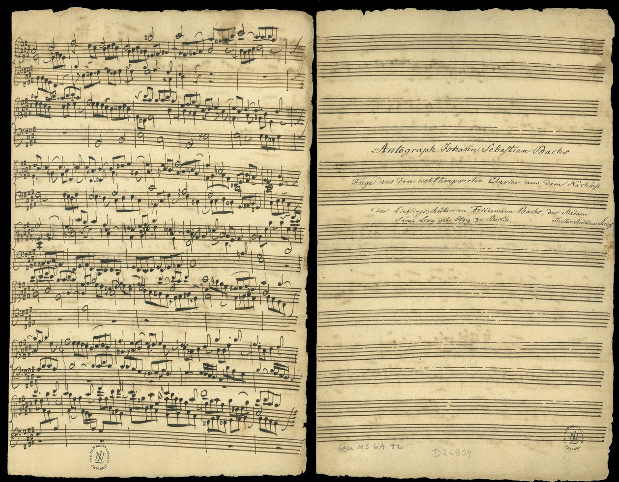 Autograferat partitur av "The Complete Fugue in B Major (no.25)" från den andra delen av "Wohltemperiertes Klavier". av Johann Sebastian Bach