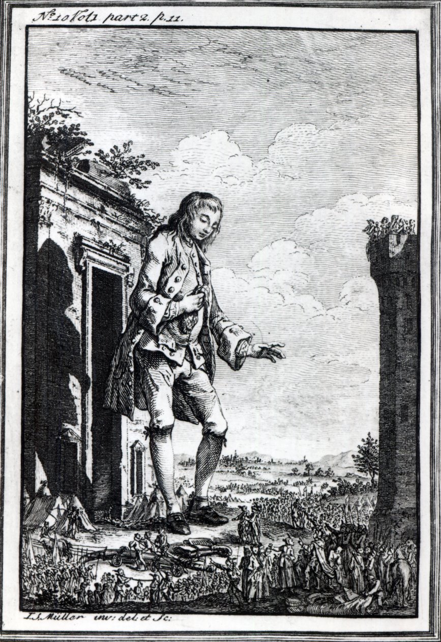 Gulliver amongst the Lilliputians, illustration från "Gullivers Travels" av Jonathan Swift av Johann Sebastien Muller