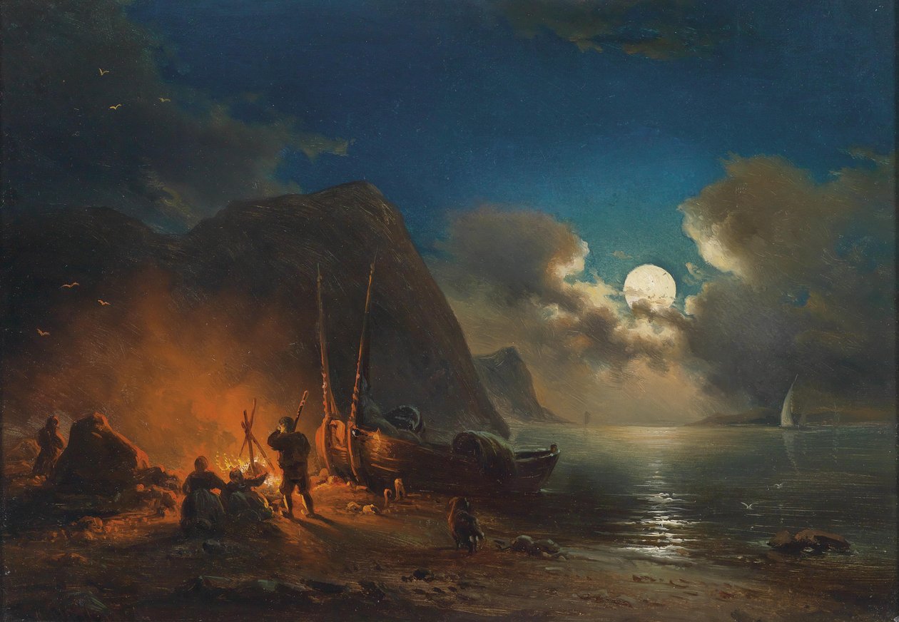 Romantisk lägereld i månskenet av Johann Anton Castell