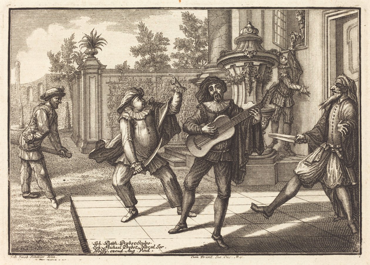 Scaramouche distraherar Pantalon av Johann Balthasar Probst after Johann Jacob Schübler