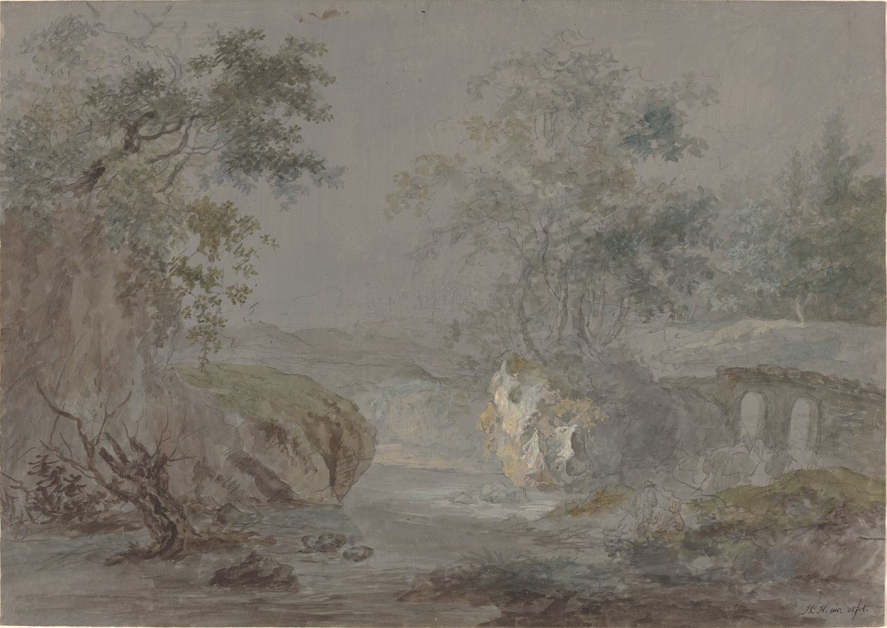 Skogbevuxna klippor längs en flodstrand av Johann Caspar Huber