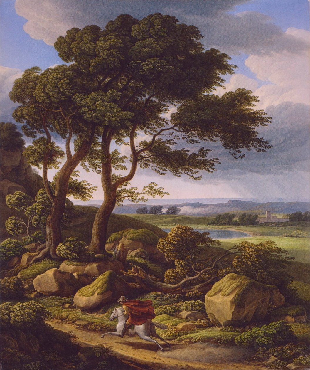 Tyska: Stormigt landskap med ryttare. av Johann Christian Reinhart