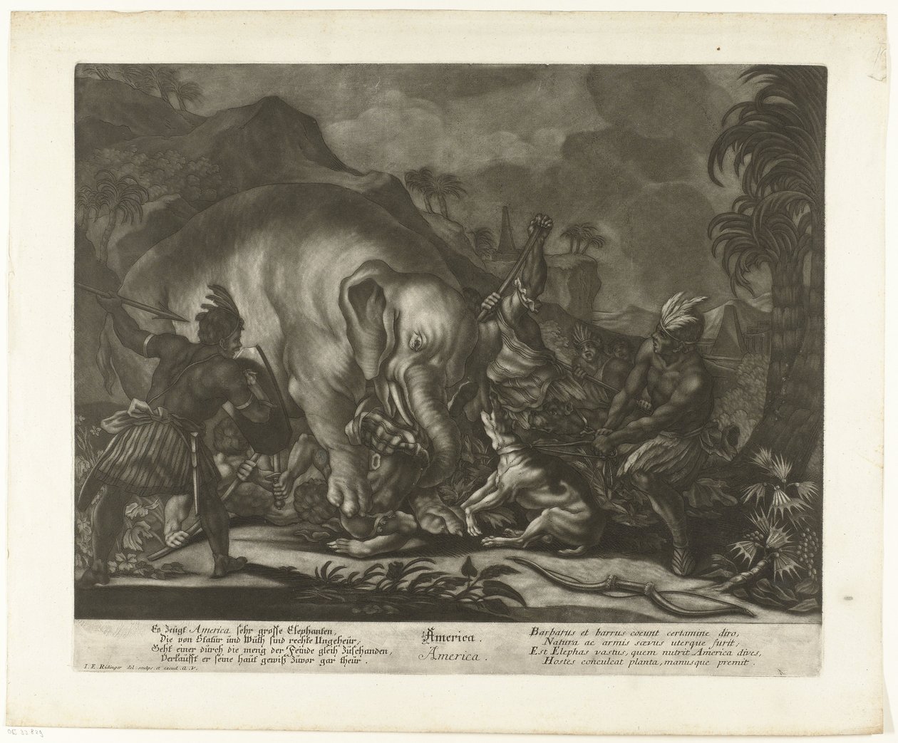 Elefantjakt Amerika (titel på objekt) av Johann Elias Ridinger