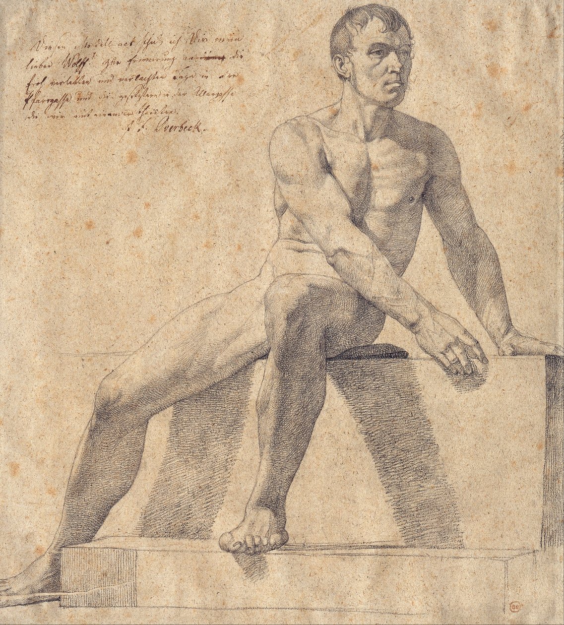 Manlig nakenbild sittande på en piedestal av Johann Friedrich Overbeck