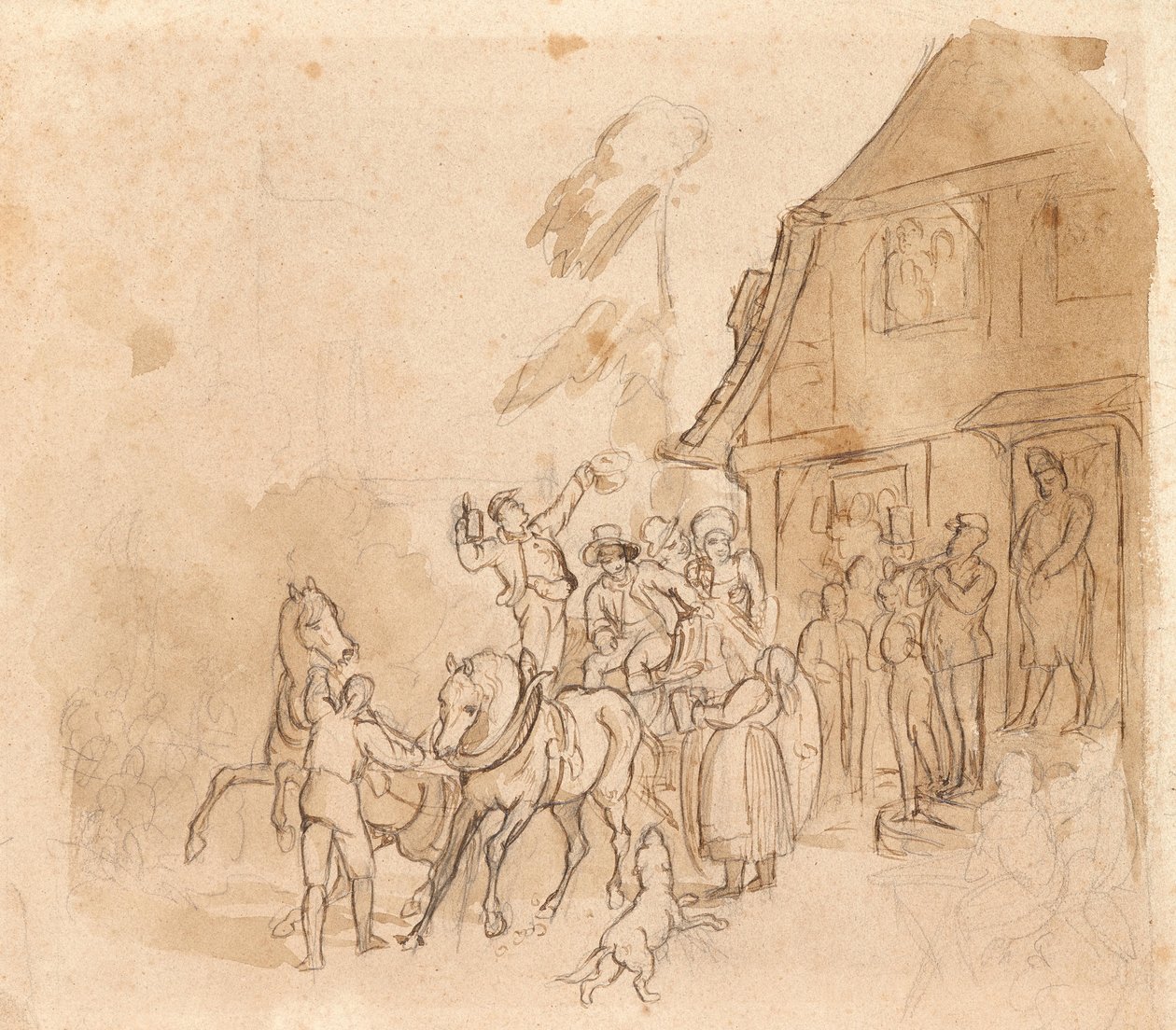 Hästdragna vagnar med öldrickare framför pub av Johann Friedrich Voltz
