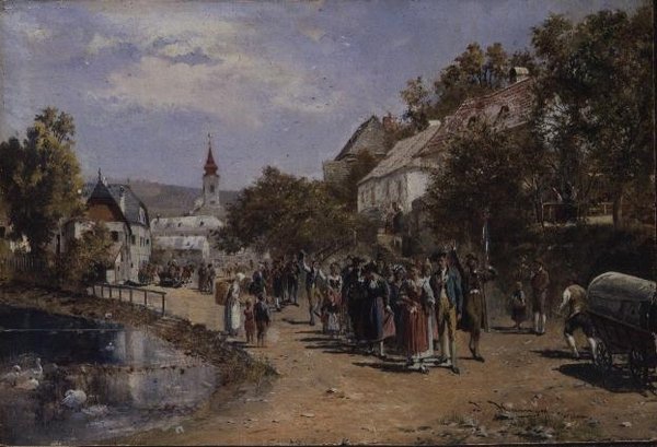 Procession på en bygata i Österrike av Johann Hamza