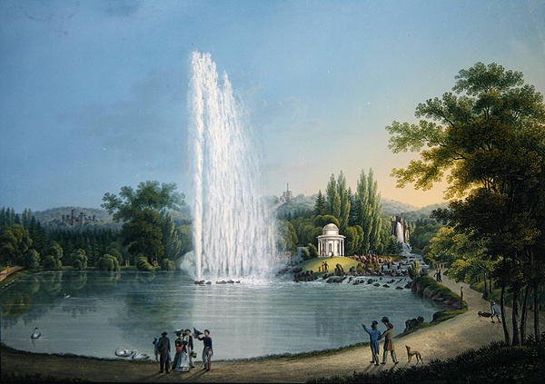 Den stora fontänen, ca 1820 (färg litho) av Johann Heinrich Bleuler