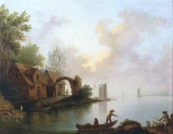 Skogbevuxen flodlandskap med båtsmän av Johann Heinrich Wust