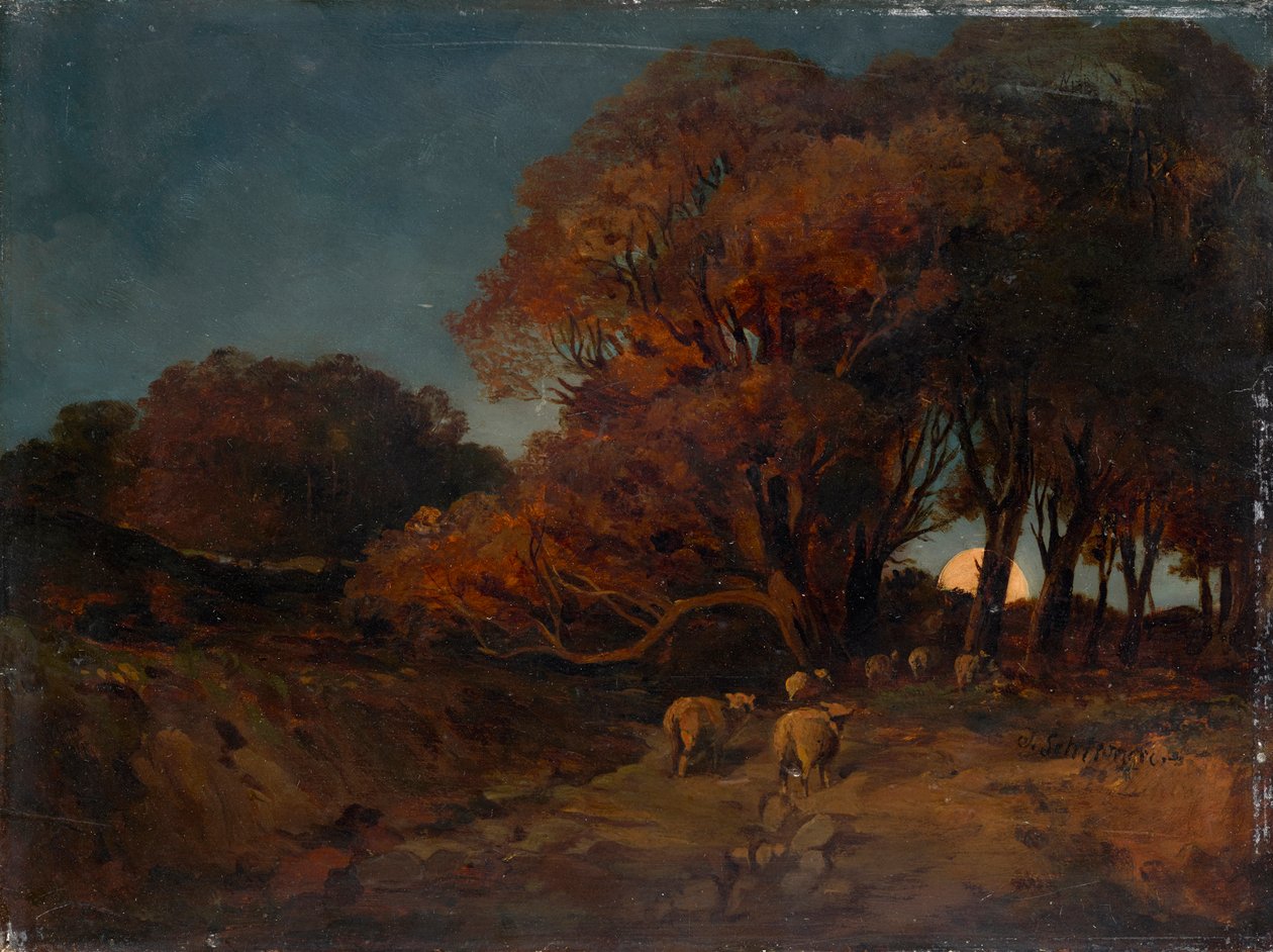 Höstskog i månskenet av Johann Wilhelm Schirmer