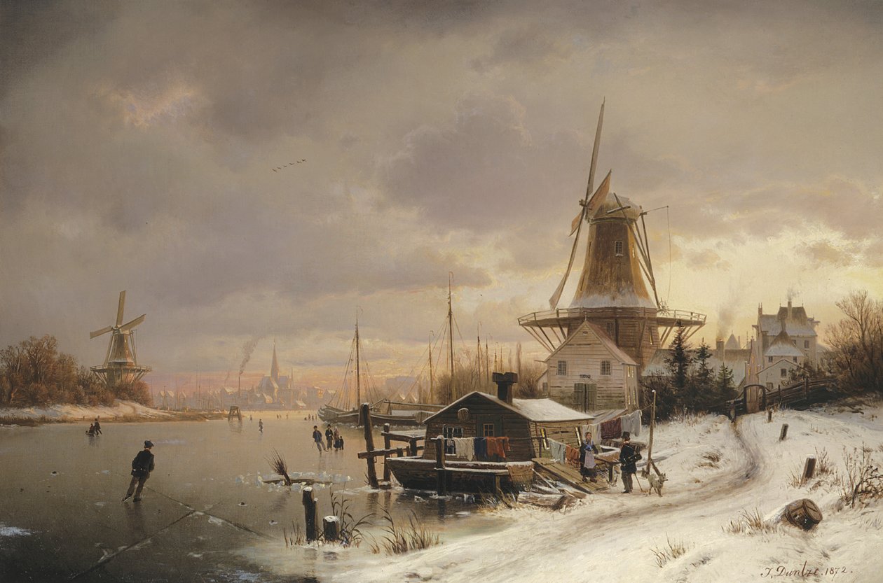 Husbåt på en frusen flod av Johannes Bartolomaus Duntze
