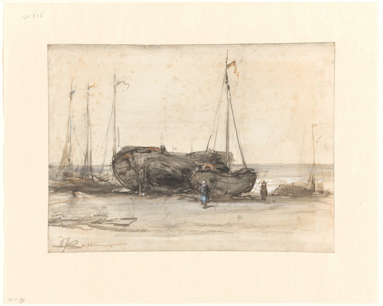 Fiskebåtar på stranden i Scheveningen av Johannes Bosboom