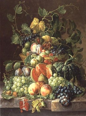Fruktkorg (olja på panel) av Johannes Hendrick Fredriks