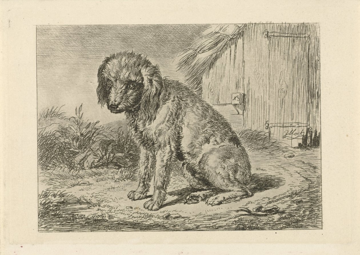 Sittande hund vid en lada av Johannes Mock