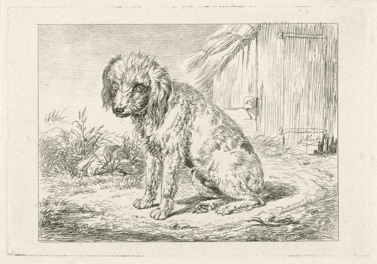 Sittande hund vid en lada av Johannes Mock