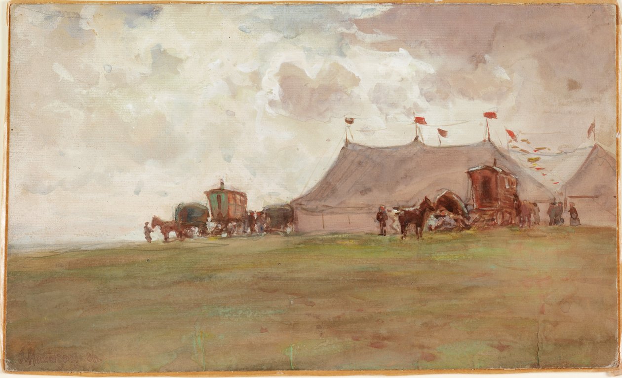 Landskap med tält (bodycolour) av John Atkinson