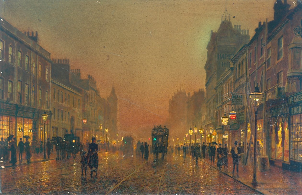 Briggate, Leeds, 1891 (olja på papper monterad på duk) av John Atkinson Grimshaw