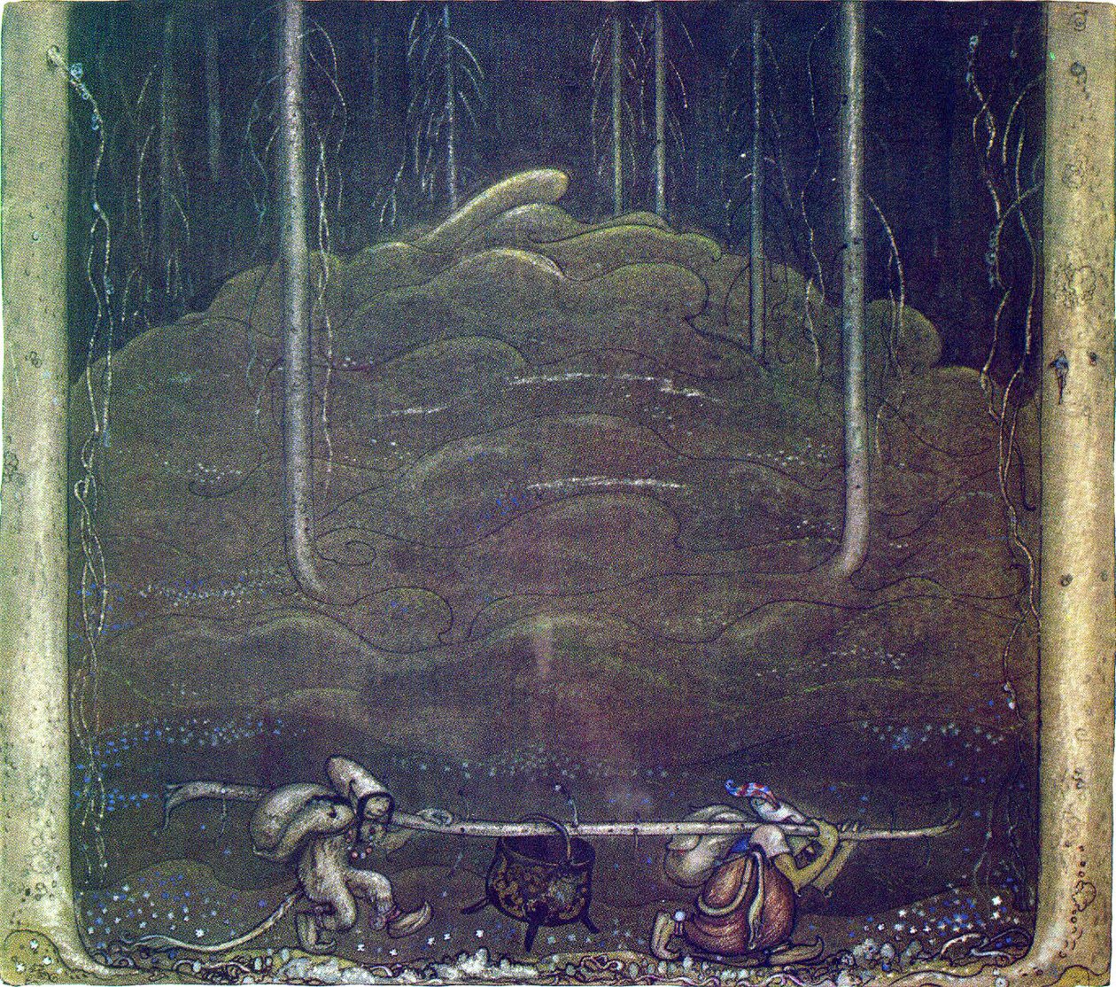 When evening came, troll mother and the boy sneaked out of the mountain. They carried the trolls cauldron between themselves on a stick av John Bauer