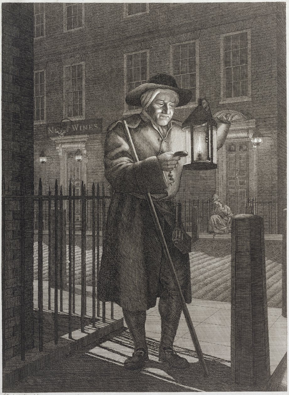 London Watchman with his Lantern by Moonlight, 1776 av John Bogle