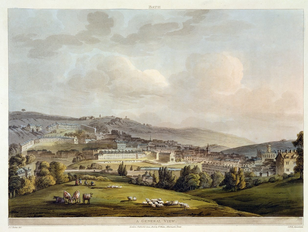 En allmän beskåda av Bath, från "Bath Illustrated by a Series of Views", graverat av John Hill (1770-1850) pub. av William Miller, 1805 (akvatint) av John Claude Nattes
