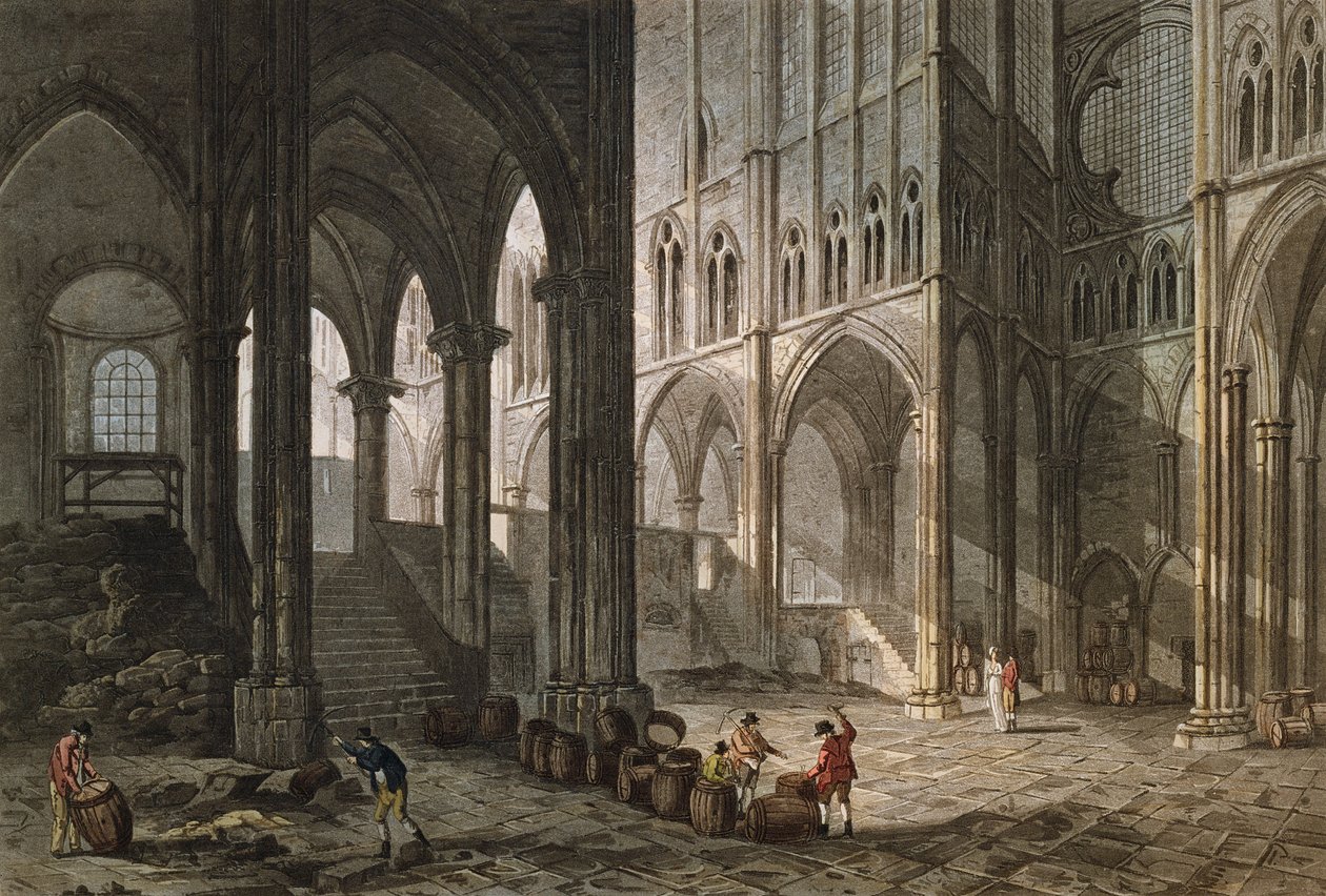 Köpman som säljer vin i Saint-Denis basilika, 1809 (färggravyr) av John Claude Nattes