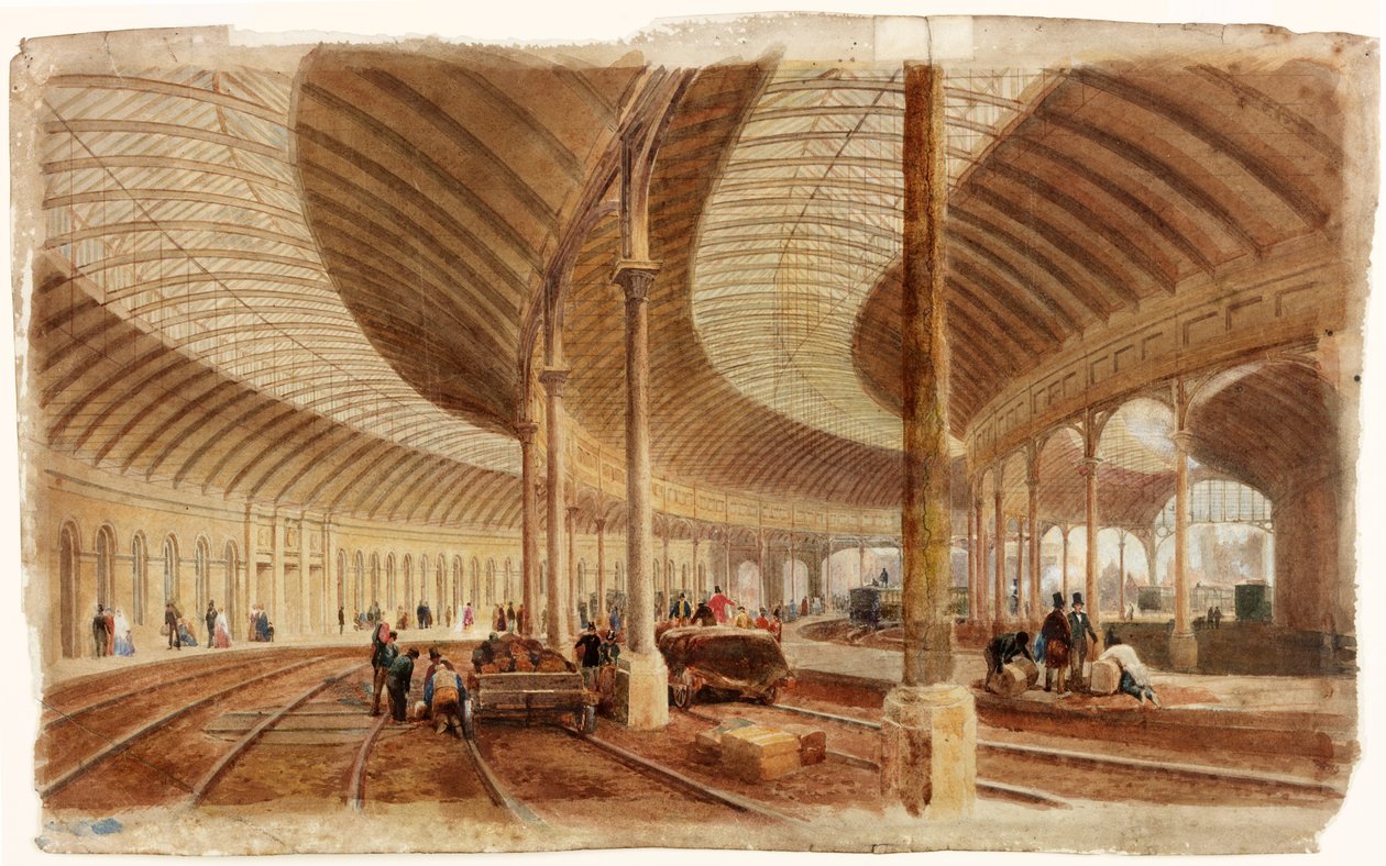 Interiör av centralstationen, Newcastle upon Tyne (bc, penna och wc på papper) av John Dobson