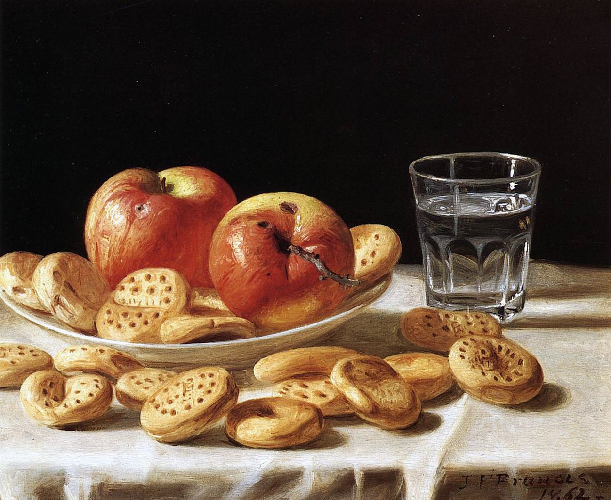 Stilleben med äpplen och kex, 1862 av John F. Francis