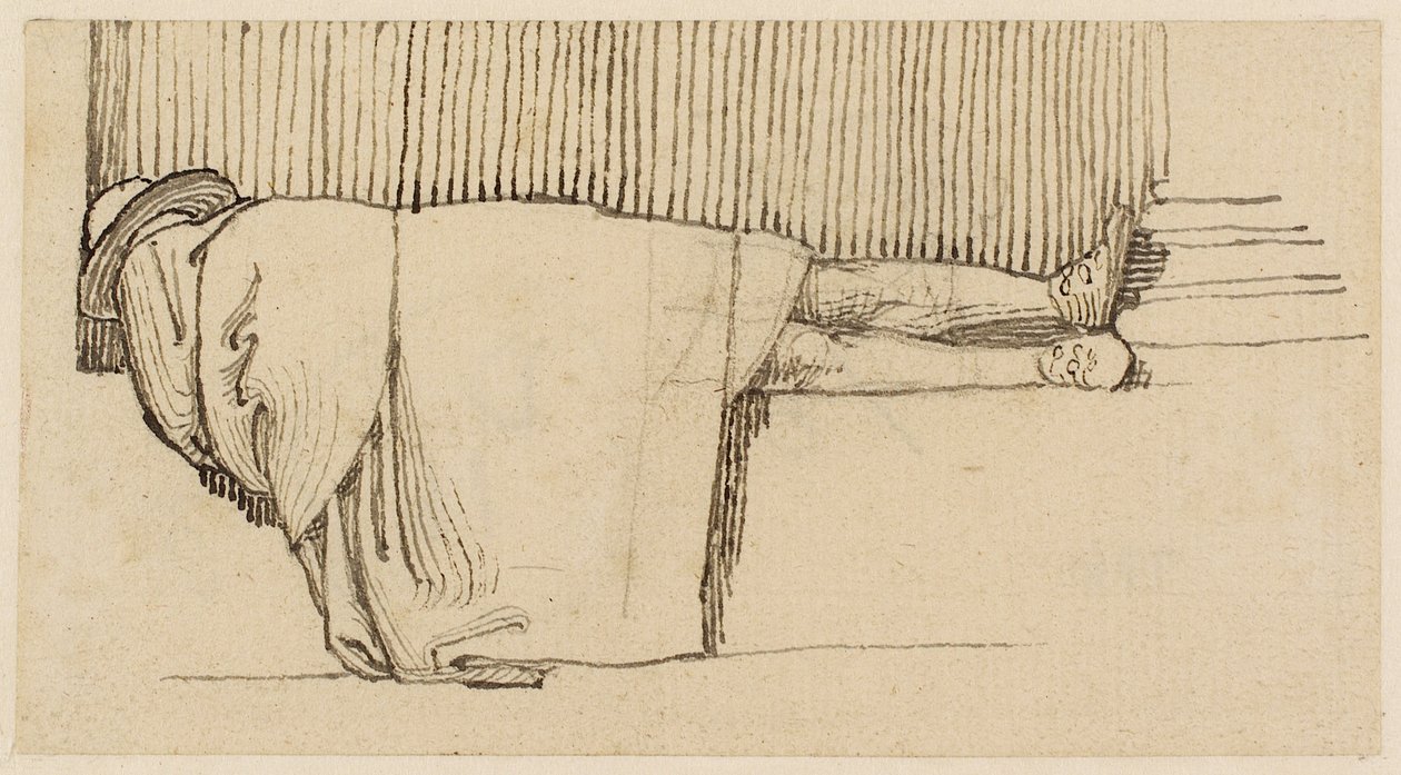 En man i en mantel sover på sockeln i en byggnad (penna, penna och bläck på papper) av John Flaxman