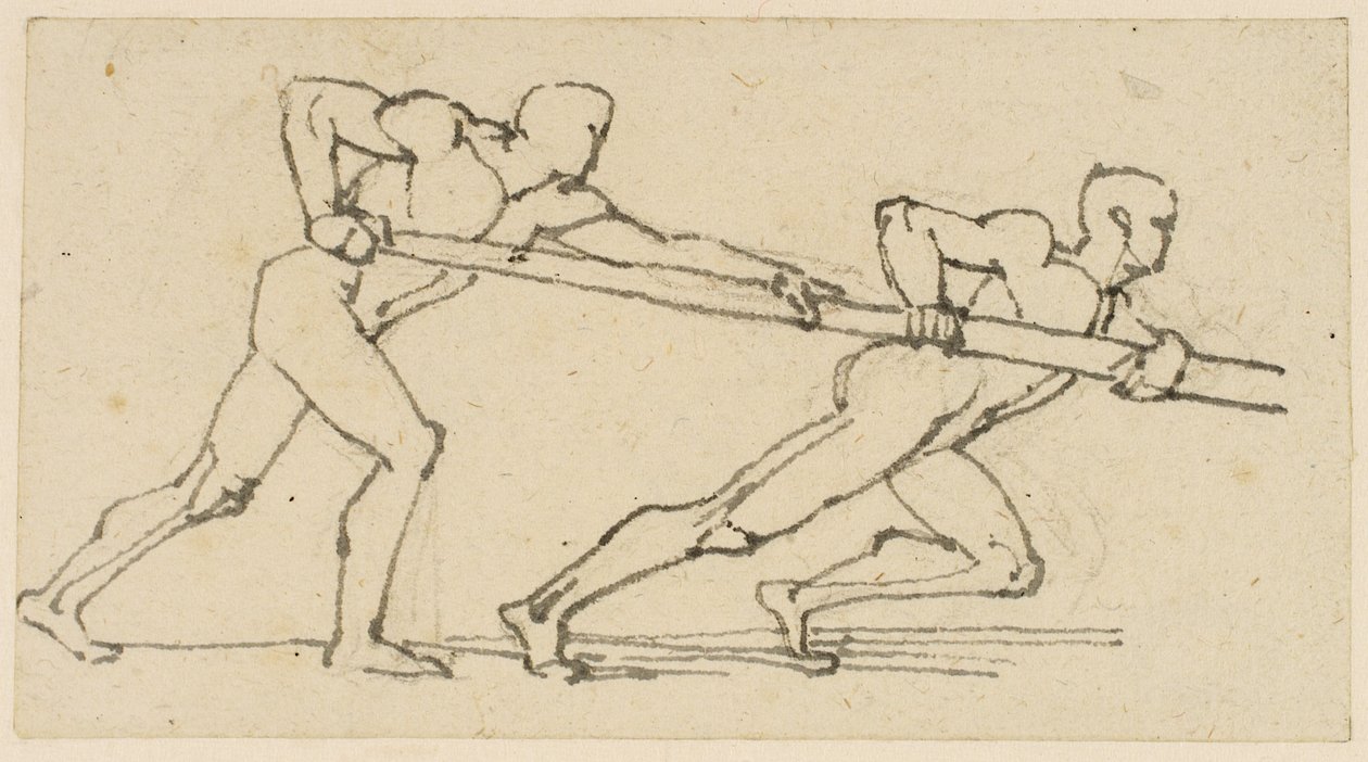 Två mansfigurer som trycker en stolpe åt höger (penna, penna och bläck på papper) av John Flaxman