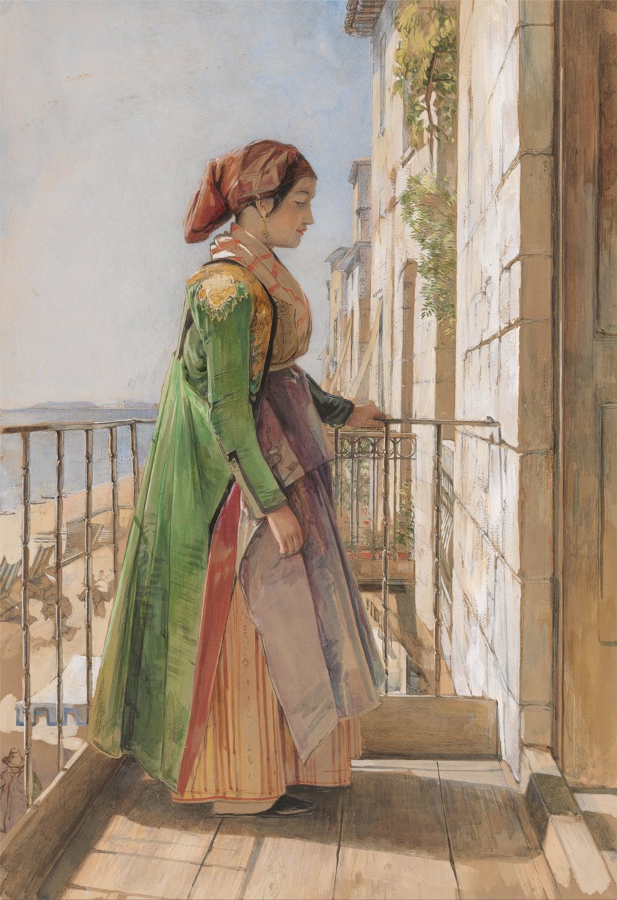 En grekisk flicka som står på en balkong av John Frederick Lewis
