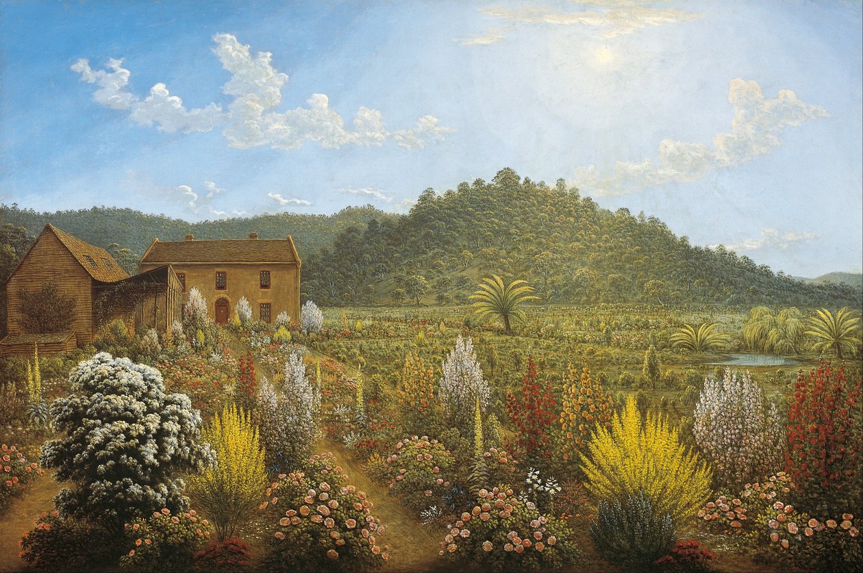 A view of the artists house and garden, in Mills Plains, Van Diemens Land av John Glover